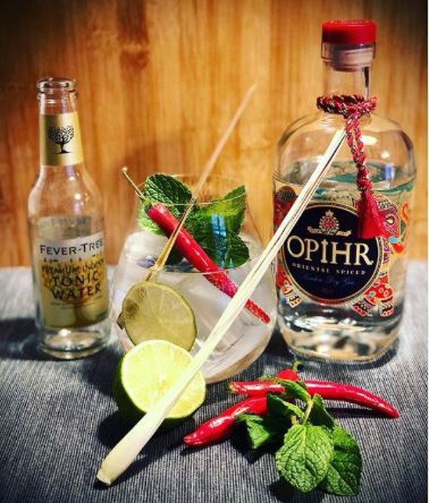 Flaske Opihr gin med fever-tree tonic og chili