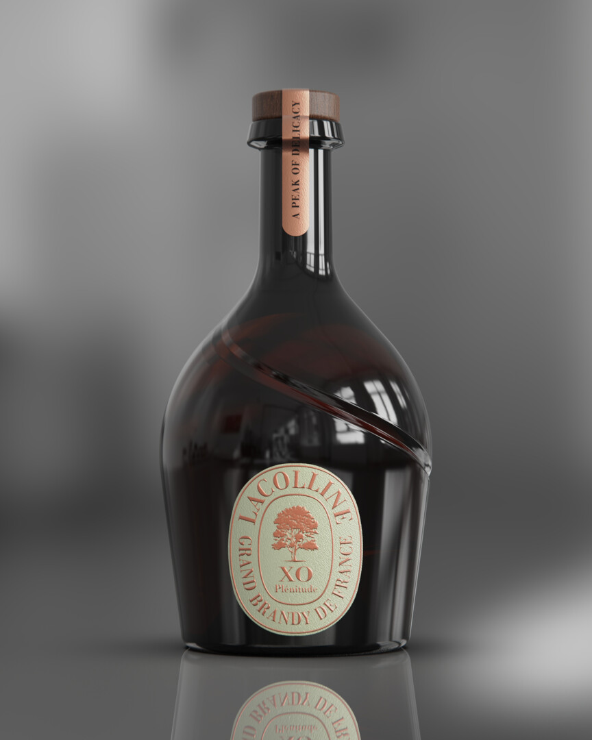 Billede af en flaske Lacolinne brandy med grå baggrund