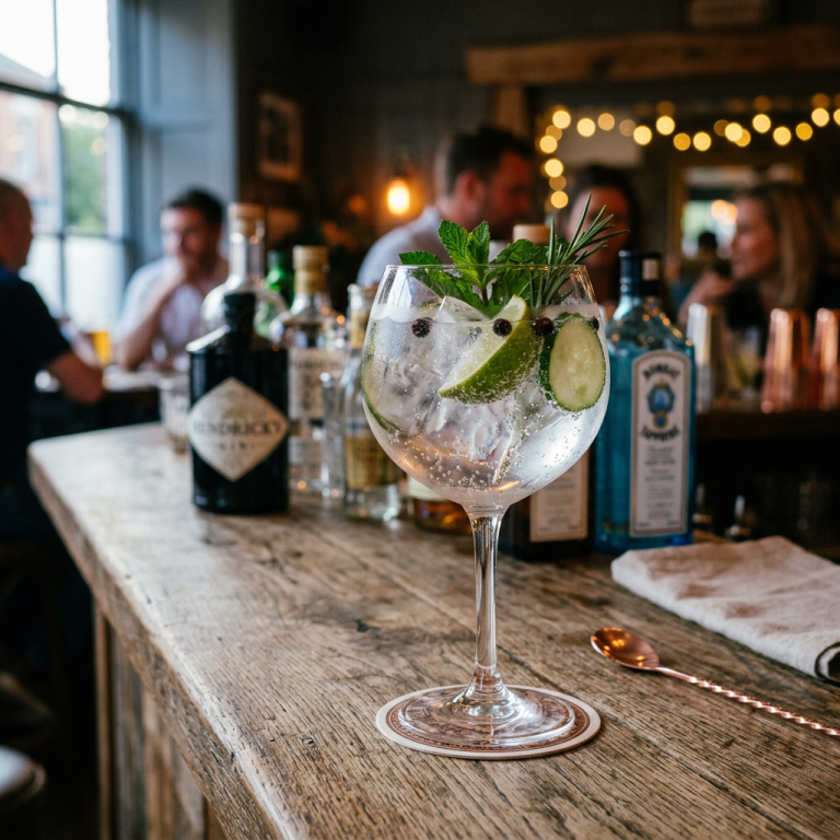 Gin cocktail with cucumber, lime, berries, mint, and rosemary garnish